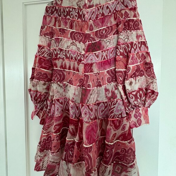 Zimmermann Wavelength Spliced Print Pink Ikat Linen Mini Dress Long Sleeves - Picture 9 of 10